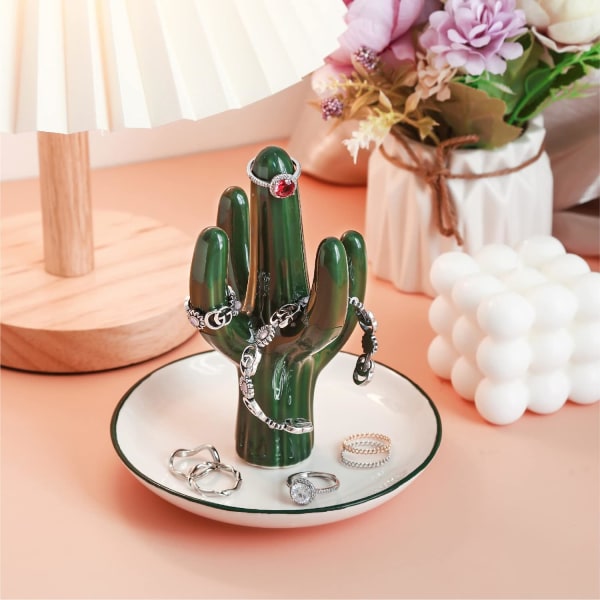 Grønn Kaktus Ringholder Smykkeskål for Øredobber Armbånd Halskjede Organizer, Gaver til Kvinner Bursdag Bryllup Forlovelse, Kaktus G Four Leaf Cactus