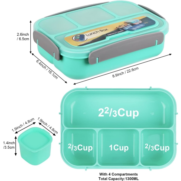 Bento-lounasrasia aikuisille, lounasrasia lapsille, lounasrasiat aikuisille/lapsille/opiskelijoille, 1300 ml:n 4-osastoinen bento-lounasrasia (vihreä) Green