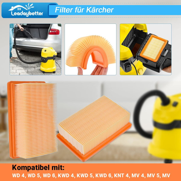 2 kappaletta suodatinvaihto-osia Karcher WD4, WD5, WD6, MV4, MV5, MV6 märkä- ja kuivaimuriin, suodatinlisävarusteet, litteä laskostettu premium-suodatin WD4