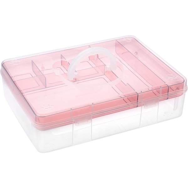 Klar håndværk stabelbar opbevaringsboks med opbevaringsbakke Plast 7-rums multifunktions opbevaringsbeholder til opbevaring og organisering af legetøj, kunst og håndværk Pink