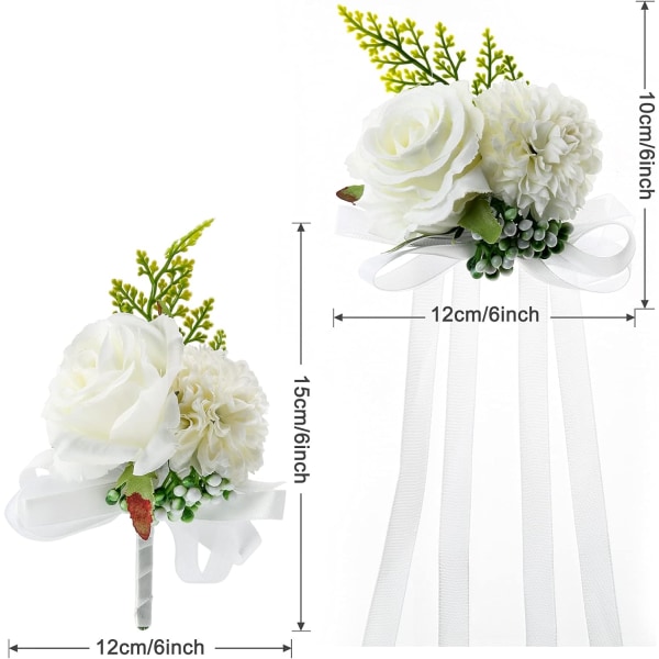 2-pakning bryllupshåndleddsblomst og knapphullsblomstsett, kunstige bryllupsknapphullsblomster for menn og håndleddsroser for kvinner, hvit knapphullsblomst White, Green