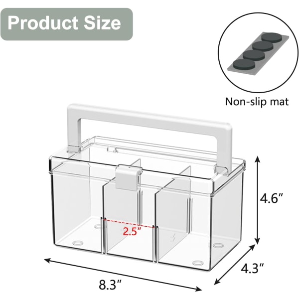 Stor Q-tips-holder, akryl kosmetikkarrangør bærehåndtak, justerbar 3 rom Q-tips-dispenser vattpinner, bomullspads eller annen oppbevaring av små gjenstander Plastic Handle