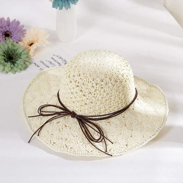 Solhatt i halm för kvinnor, damer, hopfällbar, bredbrättad, med rosett, justerbar, strandhatt, elegant hinkhatt, UPF 50 UV-skydd, bekväm Creamy White One Size