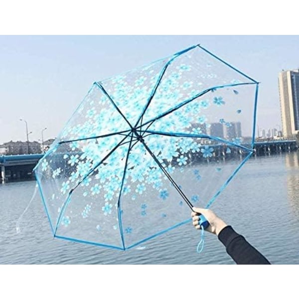 Hyresbart Fällbart Parasoll Körsbärsblommor Transparent Parasoll Genomskinligt Regn Fällbart Parasoll för Kvinnor Barn Flickor Lätt Vindtåligt Kompakt Parasoll Blue