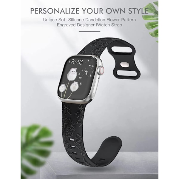 Yhteensopiva Apple Watch -rannekkeiden kanssa 38/40/41mm, urheiluranneke kaiverretulla voikukkakuviolla iWatch Series 8/7/SE/6/5/4/3/2/1:lle, musta+valkoinen