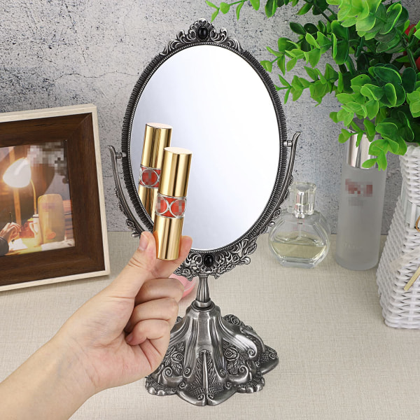 Makeup Spejl Vintage Spejl Oval Dobbeltsidet Roterbart Dressing Spejl Skrivebordsvask Dekorativ Stående Bordplade (Lille, Sølv)