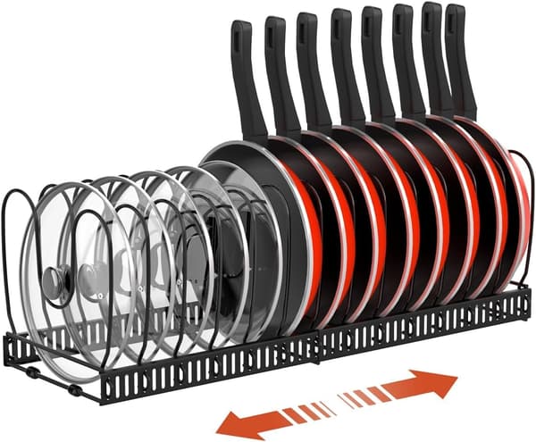 Pot and Pan Organizer for Kitchen Drawer, Lid Organizer with 14 Adjustable Compartments, Black