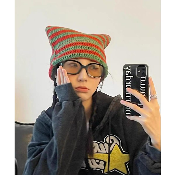 Dam Cat Beanie Stickade Hattar Med Öron Stickade Randiga Vinter Varma Slouchy Elastisk Mössa För Flickor Vuxna Barn Red green One size