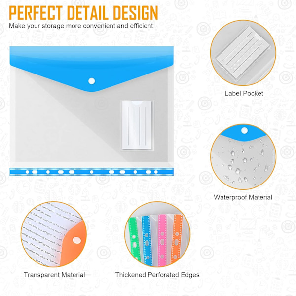 ble Punched Pockets A4 Plastiklommer 12 Pakke A4 Mapper Lommer Plastik Dokumentfiler Popper Lommer, A4 Transparent Lomme med Trykknap en Colored Expandable