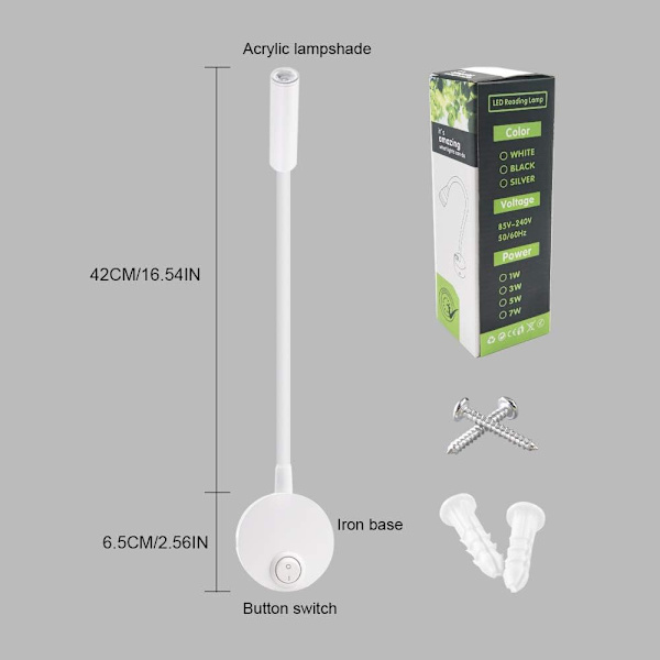 2-pack Vit Väggspotlight, Mjukt Varmt Vit Ljus Cob Sängbord Böjlampa, Minimalistisk Väggmonterad 3W Läslampa Nattlampa med Knappbrytare