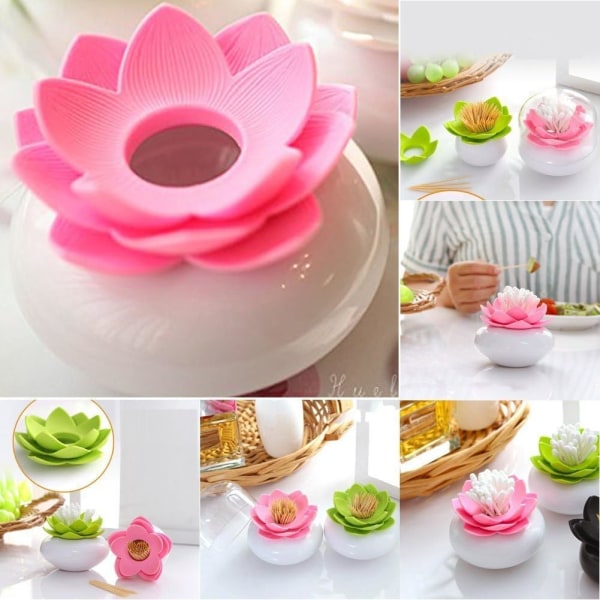 3 PAKKE Lotus Bomullspinneholder, Bomullspinne Liten Q-tips Tannpirkere Børster Holder Boks Etui Oppbevaringsarrangør Krukke med Klart Lok Støvtett Cove Green Pink White