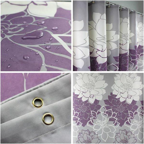 183cm Bred x 183cm Lång Grå Lila Följare Tryckt Duschdraperi, Vattentätt Polyester Duschdraperi Foder, Badgardin För Badrum Med Purple 180 x 180cm