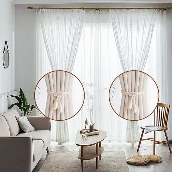Gardinbind - Sæt med 2 - Håndlavet - Beige snor - 3D blomsterdesign