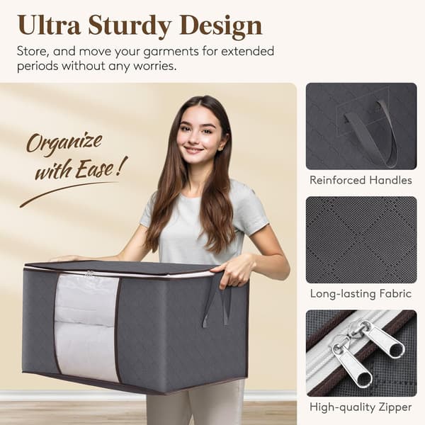 90L Storage Bags for Clothes Large Storage Box with Lid Packing Boxes for Moving with Reinforced Handle Thick Fabric - 6-pack, Grey