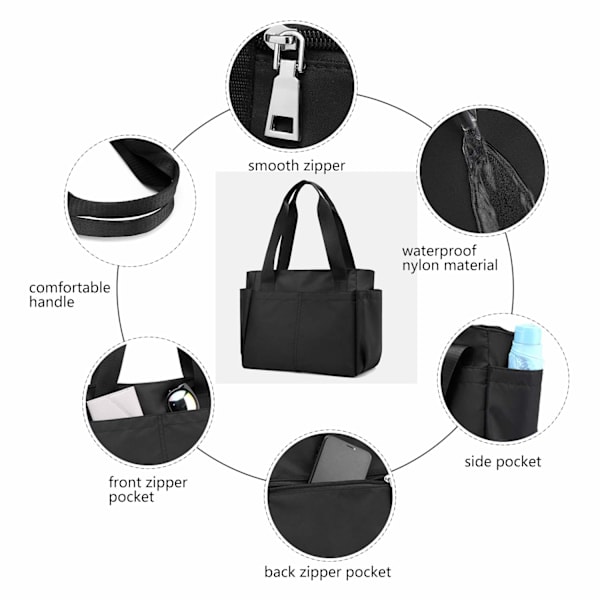 Nylon Tote Taske til Kvinder, Multi-Pocket Casual Skuldertaske Vandtæt Shopping Håndtasker indeholder 2 forlommer, 1 baglomme med lynlås, 2 sidelommer