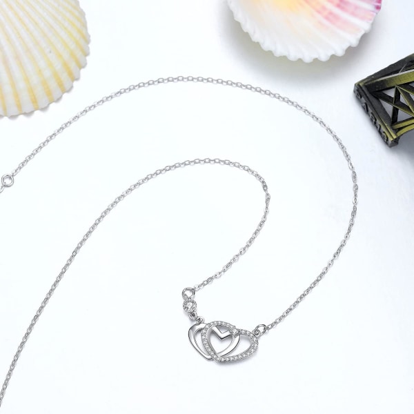 Halsband med hjärta för kvinnor, 925 sterling silver halsband för flickvän, enkelt hjärthänge halsband inlägg 3A kubisk zirkonia födelsedag Alla hjärtans dag double heartnecklace