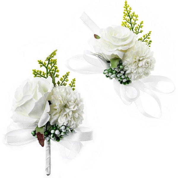 2-pakning bryllupshåndleddsblomst og knapphullsblomstsett, kunstige bryllupsknapphullsblomster for menn og håndleddsroser for kvinner, hvit knapphullsblomst White, Green