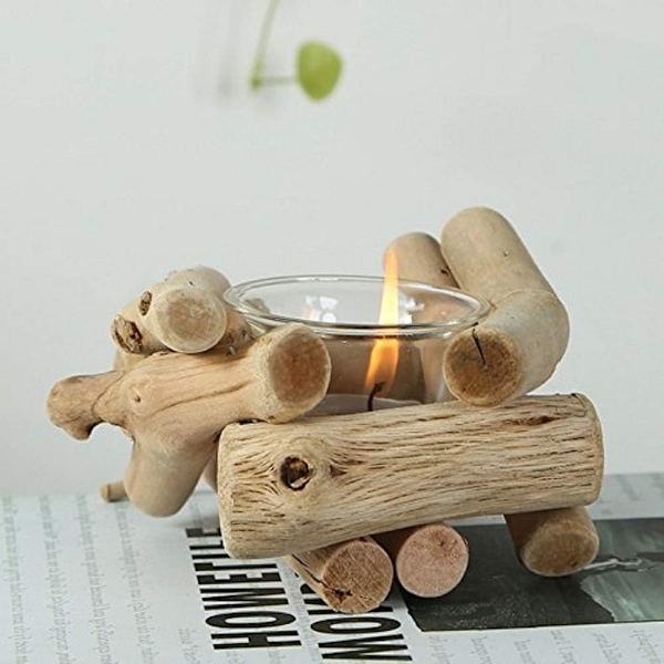 Rustik Trä Tealight Ljusstake Set om 2 med Glaskopp Flytved Votive Tealight Hållare för Bondgård Bröllop Centerpieces Vardagsrum C