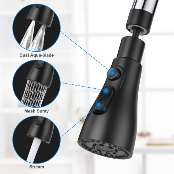 Sort-spray køkkenvaskhane 360 grader, 3 tilstande køkkenhane dyse med belufter, køkkenvask mixer tap roterende hanehoved, universel justering