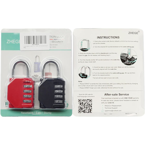 Kombinationshänglås 2-pack, 4-siffriga skåphänglås för gym, skolskåp, väderbeständiga kodade hänglås utomhus för trädgårdsgård grind, skjul Doo 2p, Black&red 2P