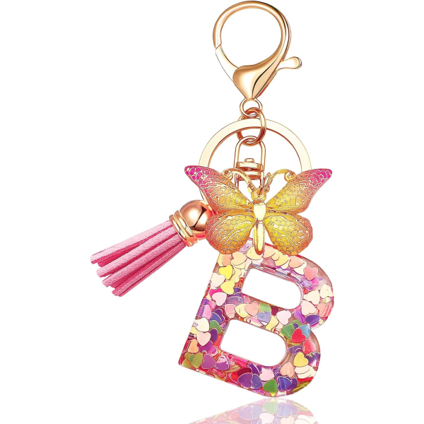 Nyckelringar i form av initialer för kvinnor Tassel Butterfly Pink Purple Cute Car Keyring för plånbok Handväskor Ryggsäck A-Z Pink B