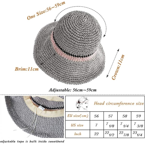 Solhatt Floppy Halmhatt Bred Brätte Fällbar UV-skydd Hink Sommar Strandhatt för Flickor Kvinnor Grey One Size