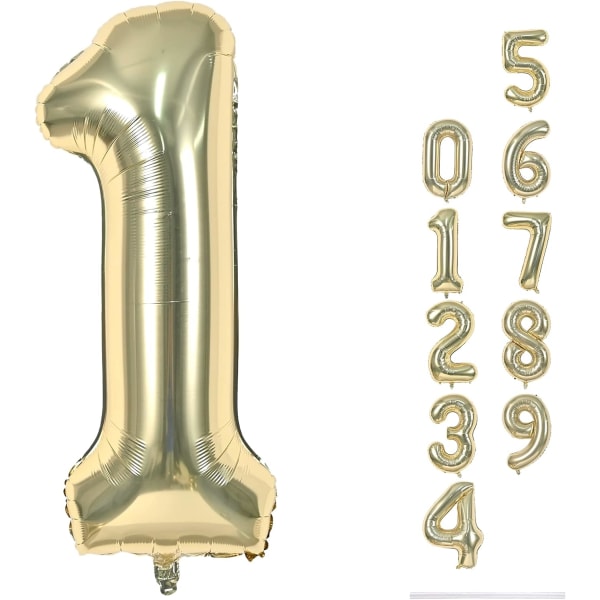 Guldnummer 1 Ballonger, 40 tum stora ljusguld nummer 1 folie heliumballonger för flickor kvinnor, självuppblåsande nummerballonger 0-9 för män pojkar 1:a 1 Champagne Gold Number 1
