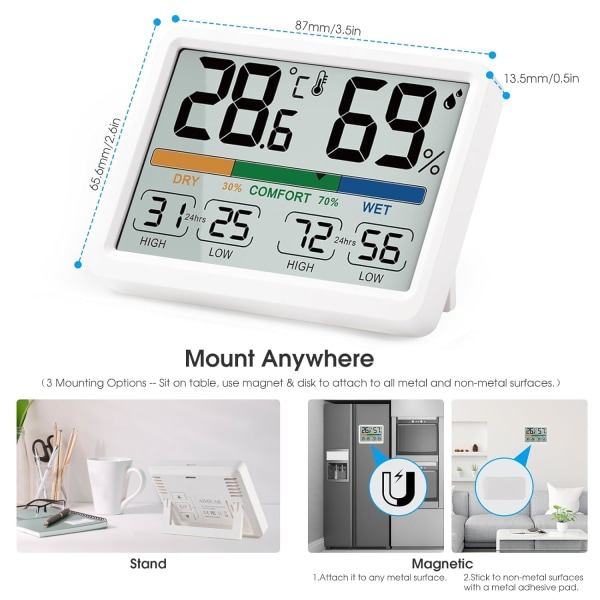 og temperaturmonitor - AIMILAR digitalt indendørs termometer med høj lav historie, ℉ / ℃ valgbar, nem at bruge, kalibrerbar, magnetisk mulighed White