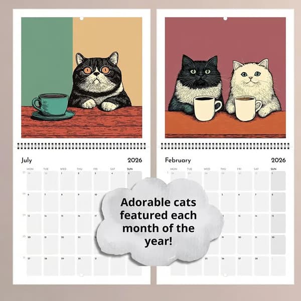 Katter som chillar med böcker Väggkalender 2026, Katter som chillar med böcker Kalender, med olika fullfärgsillustrationer 12-månadersplanerare