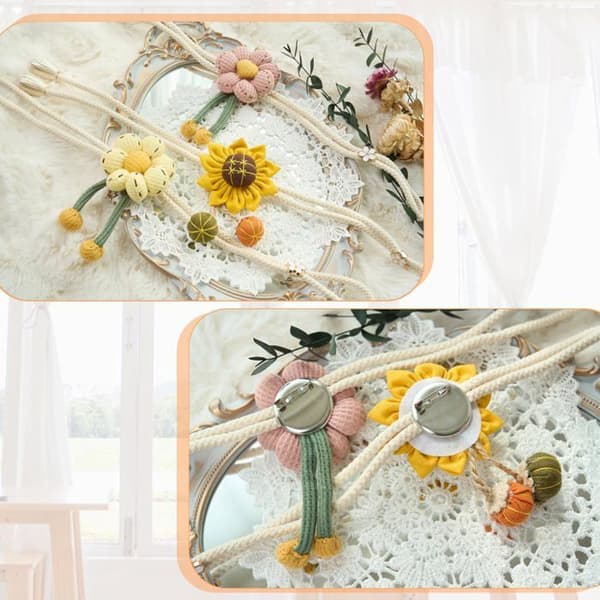 Gardinbind - Sæt med 2 - Håndlavet - Beige snor - 3D blomsterdesign