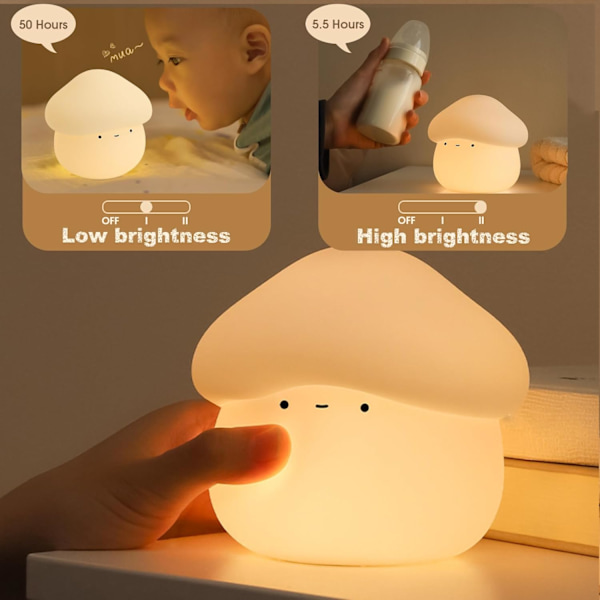 Silikon nattlys for barn, USB-oppladbart lys, bordlampe til soverom, timer, leselys, dekorasjon, gave (soppform).