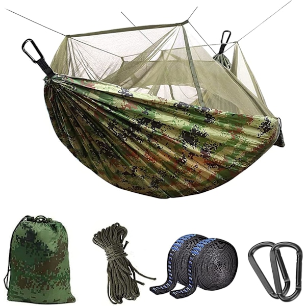 Campinghängmatta med myggnät - Ultralätt, hållbar dubbel/enkel resehängmatta 210T fallskärmsnylon med trädremmar 300 kg kapacitet Camo