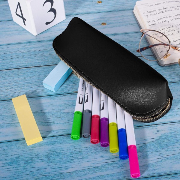 Lær Pennal Slim Design Pen Bag med Metallisk Glidelås Lommestørrelse for Student Kontor College Middle School (Svart) Black