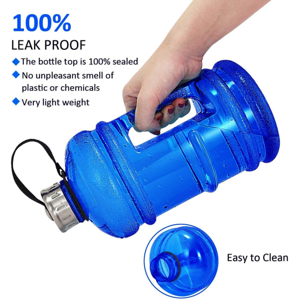 Halv gallon stor vannflaske, 2,2L/73 OZ stor lekkasjesikker sportskanne med håndtak, enorm BPA-fri PETG-plastikkbeholder med bred munn Blue