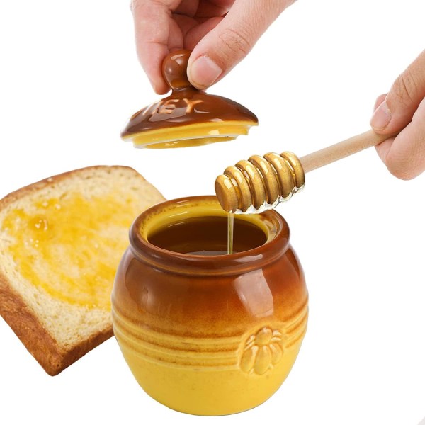 Honningkrukke i porcelæn，keramisk honningkrukke med trædunk og låg, lille porcelænshonningkrukke，8,8 Oz gul honningkrukke Bi-præget honningopbevaring Indeholder White,yellow