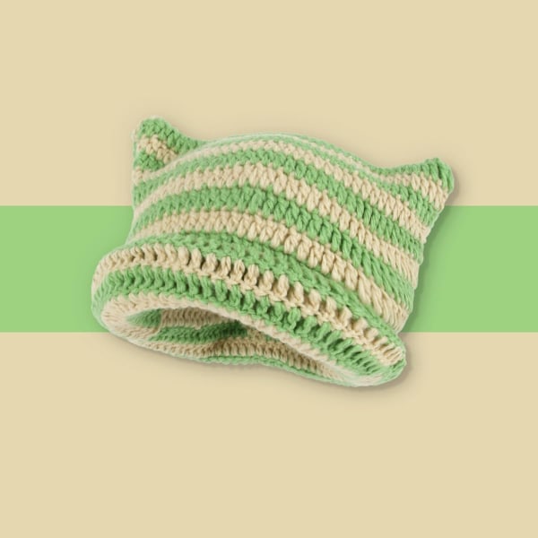 Dam Cat Beanie Stickade Hattar Med Öron Stickade Randiga Vinter Varma Slouchy Elastisk Mössa För Flickor Vuxna Barn green khaki One size