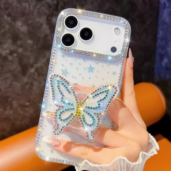 Diamant Glitter Sommerfugl Stativ Telefondeksel (Kompatibel med iPhone 17 Pro Max) - GRØNN