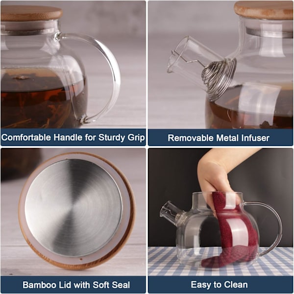 Glas tekande komfursikker med bambuslåg, 900 ml/30,4 oz gennemsigtige tekande med aftagelig si, glas tekande til løs te og blomstrende te 900ml/30.4oz 900ML/30.4OZ