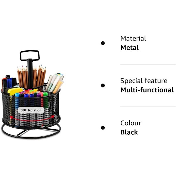 Mesh skrivbordsarrangör, 360-graders roterande multifunktionell pennhållare, 4 fack skrivbordsstationär arrangör, hemmakontor konstmaterialförvaring Black