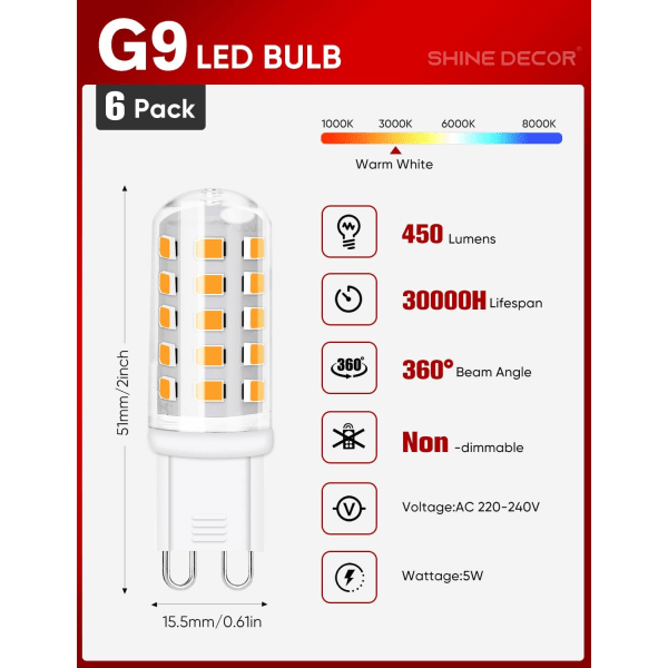 G9 LED-pære, 5W varm hvit 3000K, ikke-dimbar energisparende pære, 450LM, 50W halogenekvivalent 6-pakning Model 1 Warm White