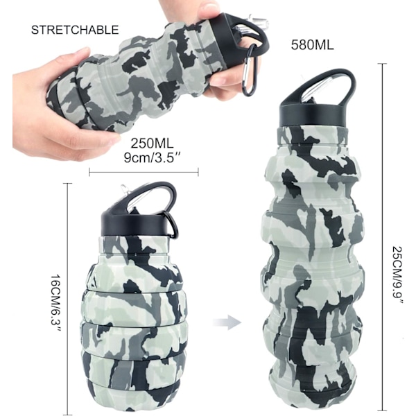 Hopfällbar Resevattenflaska 18 oz, Återanvändbar Silikon Hopfällbar Vattenflaska för Skolor, Kontor och Utomhusplatser, Bärbar Läckagesäker Sport Camo