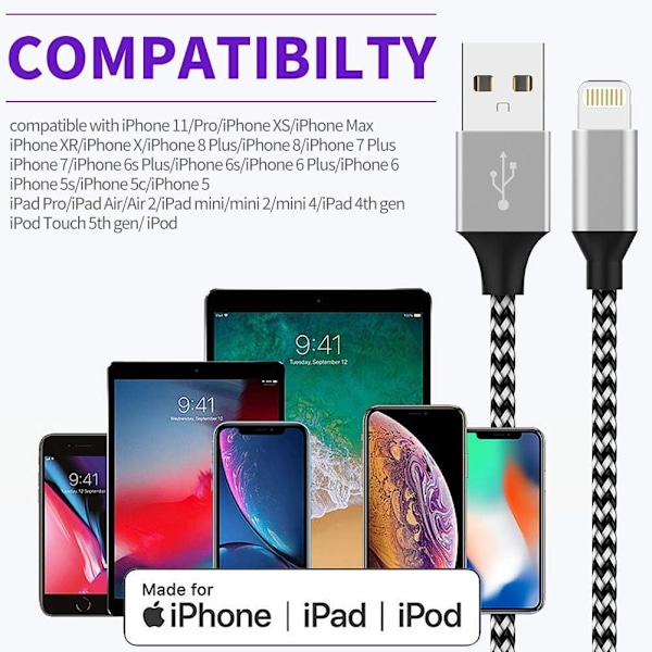iPhone-laddningskabel, SANYEYE MFi-certifierad [5-pack 3/3/6/6/10FT] Snabbladdningskabel Nylonflätad med metallkontakt för iPhone 12/11/Pro