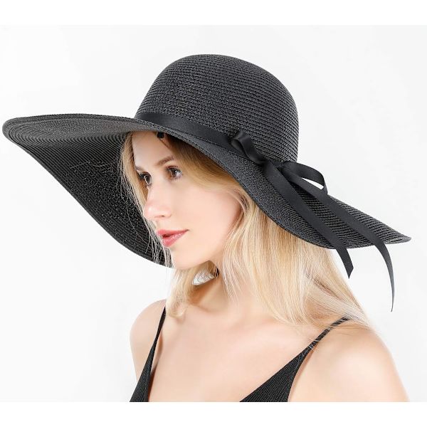 Damhatt i Halm med Bred Brätte, Vikbar, Rullbar, Strandhatt, Solhatt, UPF 50+ Style Lblack