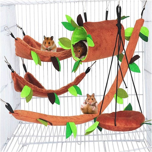 5-pack Hamsterhängmatta Rått Hängsäng Hus Marsvin Bo Bur Leksak Tillbehör Skogsmönster Bur Leksaker Tillbehör Blad Hängande Tunnel och Sw