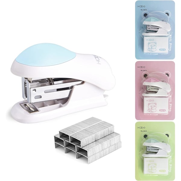 Mini Effortless Desktop Hæfteklammer med 400 Standard 26/6 Hæfteklammer, 2-24 Ark Kapacitet, Inkluderer Indbygget Hæfteklammerfjerner, Sød Hæfteklammer Gave til Stu Blue