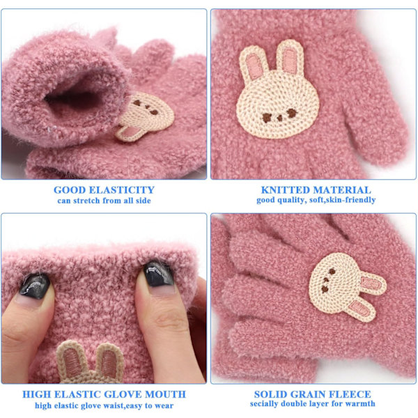 Barnehansker, Vintervarme Hansker for Gutter og Jenter, Strikket Barnehansker, Søte Dyr Elastiske Myke Fullfingerhansker, Plysj Ensfargede Hansker for Alder Pink