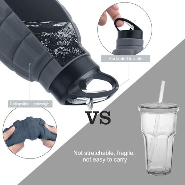 Hopfällbar Resevattenflaska 18oz, Återanvändbar BPA-Fri Silikon Hopfällbar Vattenflaska för Gym Camping Vandring, Bärbar Läckagesäker Sportvattenflaska Grey