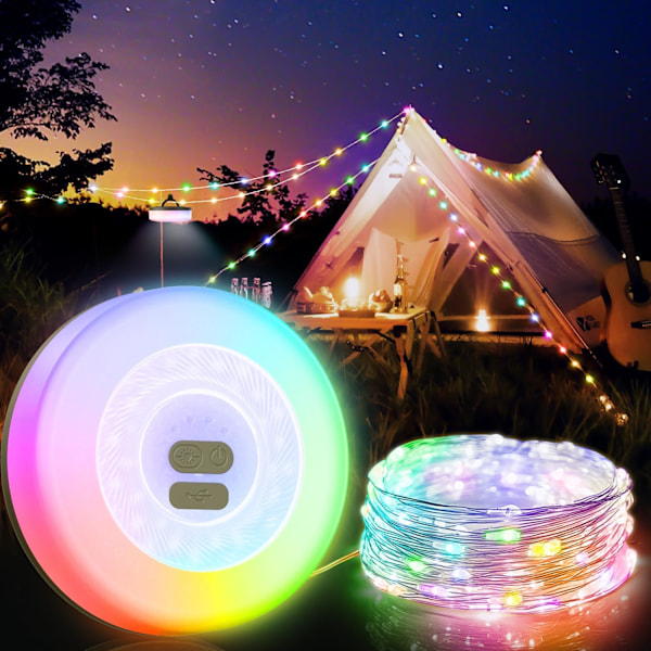 Outdoor RGB Led String Light, Decorations for Camping Trips, RV, Hiking, 33ft 100 LED Lights, 2 in 1 USB Rechargeable Party Light