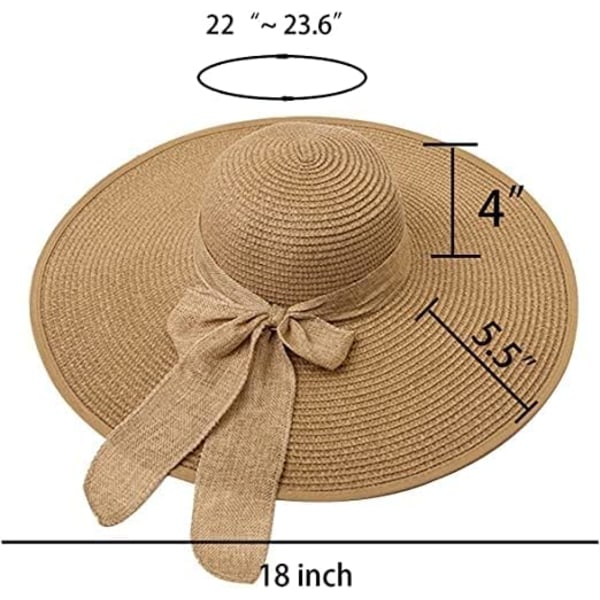 Kvinner Foldbar Floppy Bredbremmet Halm Solhatt Sommer Strandhatt UV UPF 50+ 02Style Bowknot Khaki