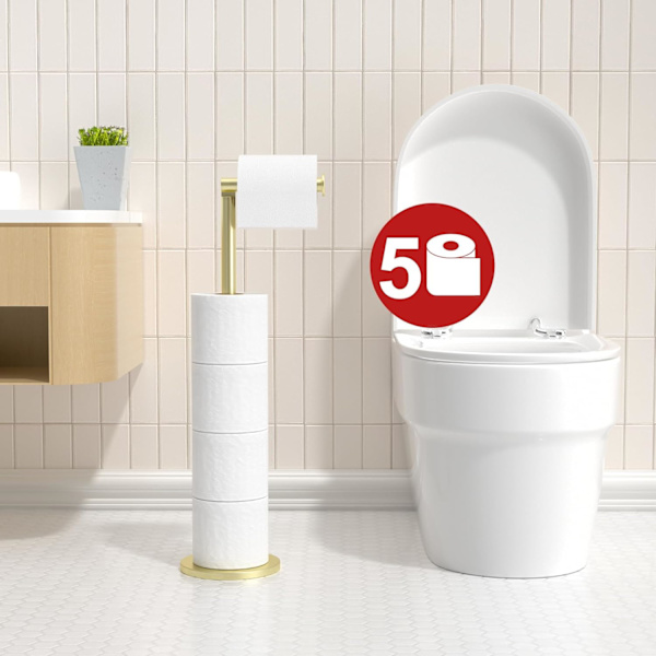 Vessapaperiteline, taittuva paperiteline, ruostumaton teräs, kylpyhuoneen jalusta, ruostumaton jalusta, vapaasti seisova säilytysanastaja, jossa on 5 rullaa Gold